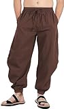 perdontoo Mens Casual Cotton Linen Pant Elastic Waist Drawstring Yoga Jogger Pants (Large, Brown)
