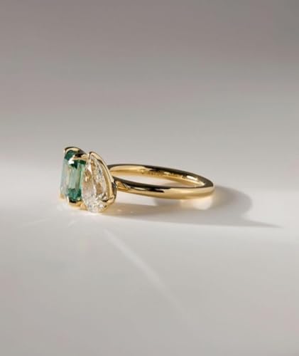 Luxury Two-Stone Engagement Ring, Green Tourmaline and Moissanite, 9x7mm Octagon and Pear Cut, 925 Sterling Silver, Gold Plated4