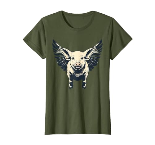 Flying Pig with Wings Fly Pig Lovers T-Shirt, Women, Olive Green, Small