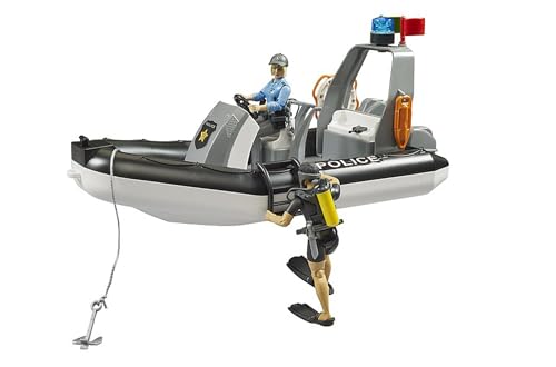 bruder 02507 - RAM 2500 Polizei Pick-up, Light and Sound Modul, Anhänger mit Boot, 2 Figuren - 1:16 Einsatzwagen, Rettungsdienst, Polizistin, Taucher, Geländewagen, Schlauchboot, bworld, Spielzeug