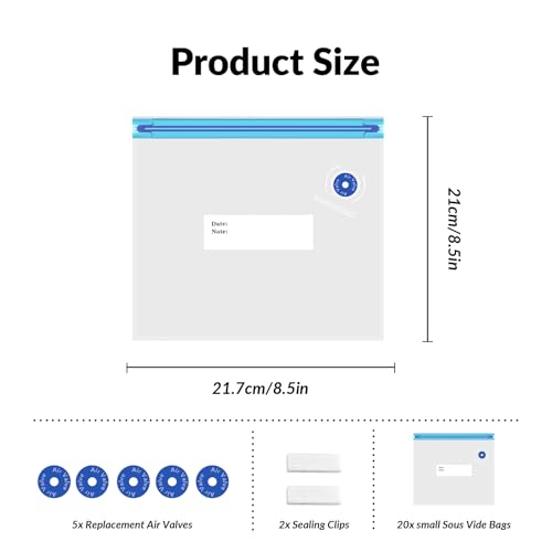 Sous Vide Bags 27Pcs, BPA Free Reusable, Double-Layered Food Storage (8.5 x 8.5 in) for Cooking, Food Storage, and Microwave Heating. Includes 20 Vacuum Zipper Bags, 2 Seal Clips, and 5 Air Valves.
