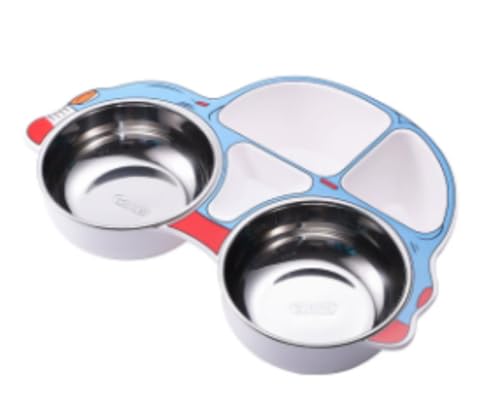 DYElite ランチ カトラリーセット 仕切り 子供用プレート 幼稚園 スナック ベビー 304ステンレスボウル 車のキャラクター 大容量 栄養バランス (29.2*20cm, レッドビートル/プレート) (青い車,スプーンとフォークなし)