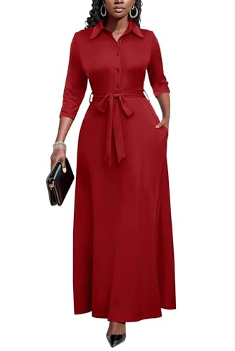 Image of Runwind Women Church Maxi Dresses 3 /4 Sleeve Button Down Print Casual Office Dress African