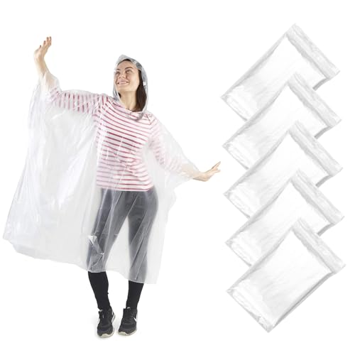 Traxenta 5 Piezas poncho impermeable, capa lluvia Portátil para Senderismo, poncho con Capucha Unisex, chubasquero adulto ligero y Plegable, chubasqueros para Ciclismo Viajes(transparente)
