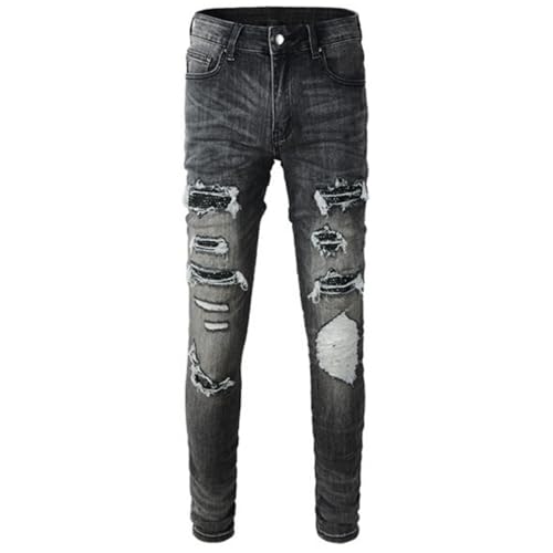 Jeans Pants Trousers Denim Men Stretch Slim Fit Street Trendy Piercing Worn Hole Hairy Retro Set Zircon Shining Casual Small Leg(Grey,31)3