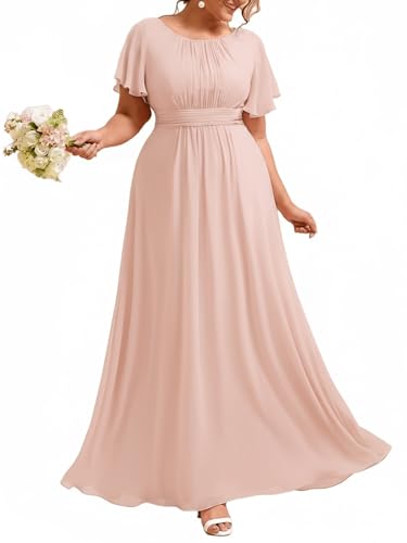 Image of Ever-Pretty Plus Elegant Formal Dresses for Curvy Women Round Neck Short Sleeves Chiffon Bridesmaid Mother of The Bride Dress