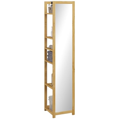 HOMCOM Meuble Colonne de Salle de Bain avec Miroir Support en Bambou Naturel étagère de rangements à 6 étagères 35 x 35 x 168 cm
