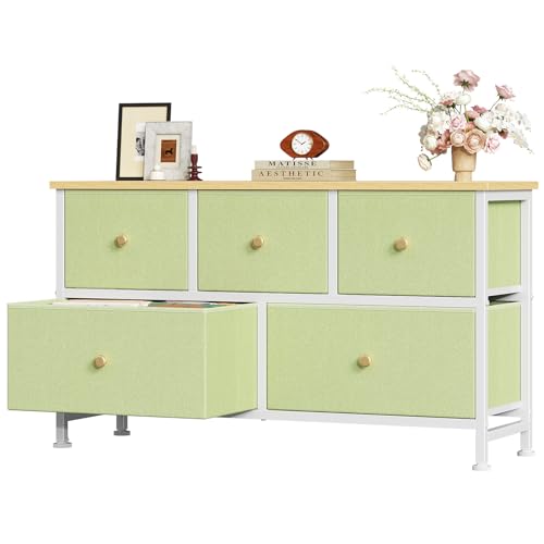 Image of OLIXIS 5 Drawer Dresser for Bedroom, Storage Organizer Unit for Closet | Chest of Drawers for Clothes Storage with Bins, Wide Fabric Bedroom Dresser, Wooden Top, Living Room, Light Green