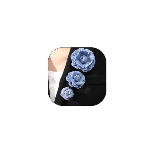 Image of 3Pcs Dainty Flower Brooches for Women Large Blue Camellia Flower Brooches 35MM 50MM 65MM Denim Fabric Floral Lapel Pin Banquet Clothes Jewelry Presents
