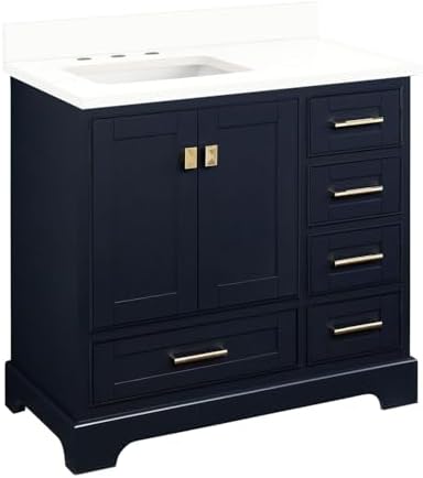 Signature Hardware 953665-36-RUMB Quen 36" Single Vanity Set with Wood Cabinet, Quartz Vanity Top, and Rectangular Sink - 3" Faucet Holes - Midnight Navy Blue/Arctic White