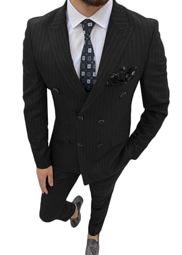 ORBITRAY Men's Double Breasted Pinstripe Casual Suit Slim Fit 2025 Business Wedding Men Blazer Pant Suits Six Buttons