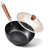 VIVIDCOOKWARE フライパン 炒め鍋 片手鍋 26cm 本格 鉄鍋 コーティング無し こびりつきにくい 木製ハンドル IH ガス火対応 ガラス蓋付き チャーハン 家庭用 お手入れ簡単