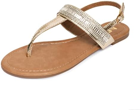 NITTI Women's Flat Thong Sandals with T-Strap and Adjustable Ankle Buckle Sandal Fashion Rhinestone Dress Sandals (Gold, Numeric_9)