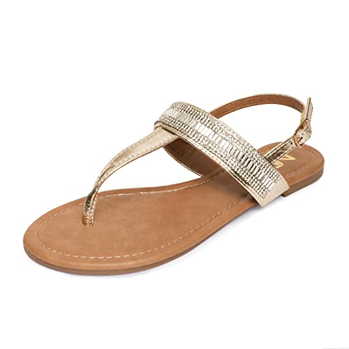 Nitti Women's Flat Thong Sandals With T-Strap And Adjustable Ankle Buckle Sandal Fashion Rhinestone Dress Sandals (Gold, Numeric_9) #TOP2