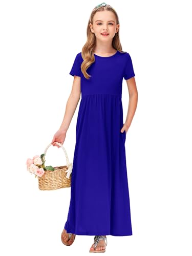 Image of Deerose Girls Maxi Dress Short Sleeve Casual Long Dresses with Pockets 5-14 Years