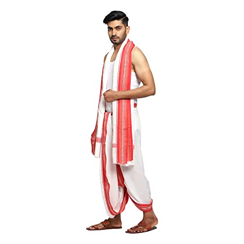 Image of Rameshwaram Fabrics Men's Dhoti 4 Meter + 2.25 Meter Cotton Snow White dhoti for pooja 9X5