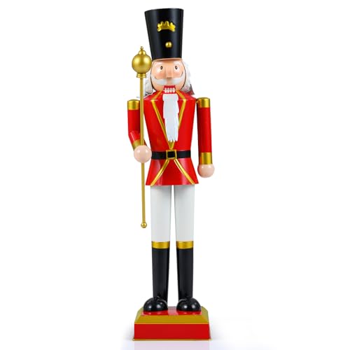 COSTWAY 83cm/122cm Christmas Nutcracker, Metal Xmas Nutcracker Figure with High Hat, Beautiful Scepter, Uniform, Boots and Square Base, Indoor Outdoor Festival Decoration (83 cm)