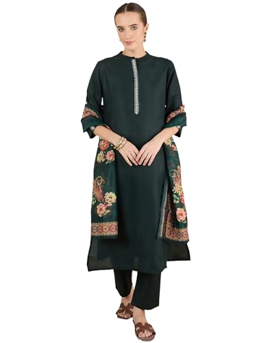 Image of INDO ERA Women's Straight Cotton Blend Ethnic Motifs Embroidered Kurta Pant With Dupatta Set