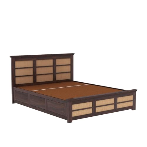 Image of Ganpati Arts Solid Sheesham Wood Queen Size Cane Bed with Hydraulic Storage | Solid Wooden Double Bed Cot Bed with Box with Headboard (Walnut Finish)
