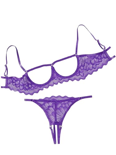 Image of Lilosy Sexy Underwire Floral Lace Sheer Lingerie Set for Women See Through Bra and Panty 2 Piece