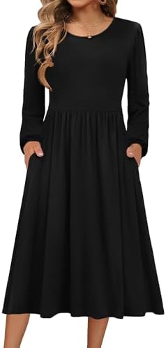 Zeagoo Kleid Damen Langarm Herbstkleid Rundhals Strickkleid Winterkleid | Elegant Midikleid | A-Linie Tunikakleid | Leichte Pulloverkleid | Freizeitkleid mit Taschen | S-XXL