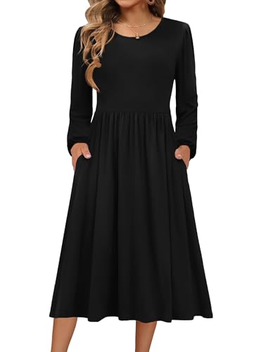 Zeagoo Kleid Langarm Damen Herbstkleid Rundhals Kleider Elegant Pulloverkleid Mit Taschen Midi Tunikakleid Wickelkleid für Herbst Winter Schwarz M