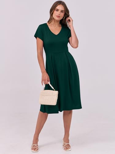 Image of ANRABESS Women Summer Dress Casual Short Sleeve V Neck A-Line Knee Length Pleated Flowy 2026 Fashion Midi Dresses with Pocket