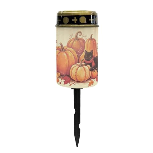 Image of Poceacles Solar Candle Cemetery Solar Lights for Grave LED Garden Flameless Powered Pathway Lights for Halloween Party Decorations, Black Cat Pumpkin Autumn Leaf Print Beige