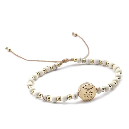 Cruzone St Michael Archanel Coin And Natural Round White Turquoise Beads Adjustable Bracelet For Women thumb #2