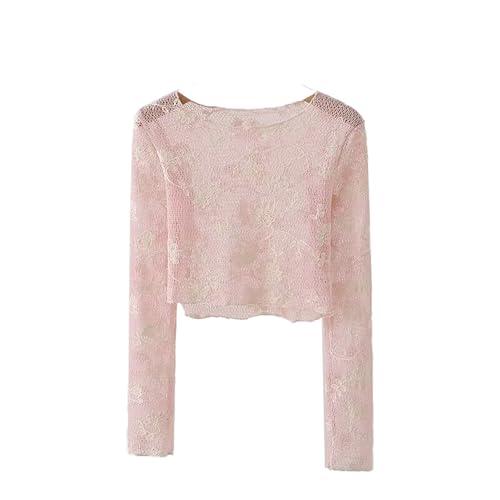 Image of ICW Women Long-Sleeves Boat Neck Transparent Mesh Sheer Floral Embroidery Crop Top T-Shirt DN648