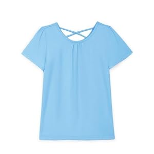 Haloumoning Girls Cross Back Shirts Kids Crewneck Puff Short Sleeve T-Shirt Cute Pleated Tops Tees 5-14 Years