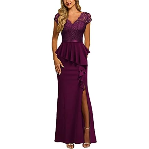 MISSMAY Women's Elegant Floral Lace Ruffle Split Cocktail Party Long Dress (Large, Burgundy) Cover
