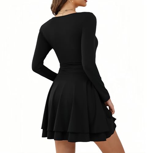 AGSEEM Womens Mini Dress Long Sleeve Square Neck Ruffle Hem Corset Ruched Waist A Line Short Party Dresses2