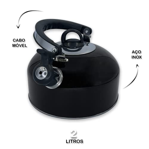 Chaleira Com Apito e Cabo Móvel Soft 2 Litros em Inox (Preto)