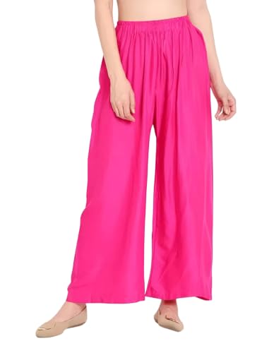 Image of FASHION GALLERY Women's Solid Rayon Palazzo Pants | Relaxed Fit Full Length Wide Leg Palazzo | Elastic Waist Comfortable Casual Lounge Office Ethnic Flared Trousers for Women