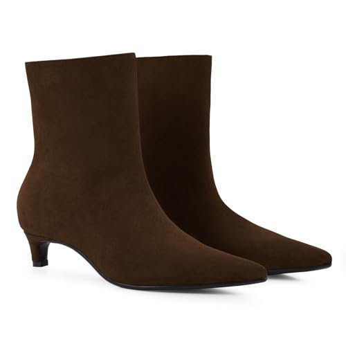 FancyQueen Ankle Boots for Women Low Heel Pull on Kitten Heel Boots Suede Pointed Toe Wide Calf Short Boots Ankle Booties Comfort4