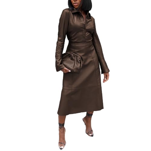 REASERAL Womens PU Leather Outfits Lapel Shirt Long Sleeve with