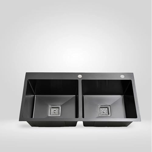 Image of CROCODILE 304 Grade 1 mm Stainless Steel Kitchen Sink, 45x20x10 Inch Double Bowl with Tap Provision, Black, Tap Provision, Sound-Dampening, Heavy Duty
