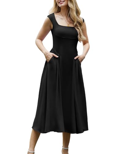 Image of Women's Formal Wedding Guest Dress Square Neck Cocktail Drop Waist Bridesmaid Flowy Midi Dresses with Pockets