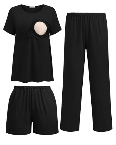 Image of Ekouaer 3 Piece Postpartum Nursing Pajamas Set Short Sleeve Breastfeeding Shirts Pregnancy Shorts & Pants Maternity Pjs