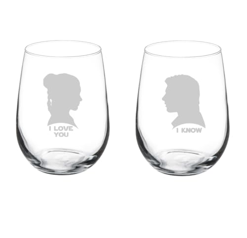 MIP Set of 2 Wine Glass Goblet Gift I Love You I Know For Couple Anniversary Engagement Wedding (17 oz Stemless)