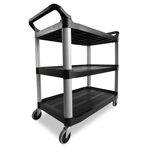 Image of Rubbermaid Commercial Products Heavy Duty 3-Shelf Rolling Service /Utility /Push Cart, 300 lbs. Capacity, Black, for Restaurant /Cleaning /Office use (FG409100BLA)