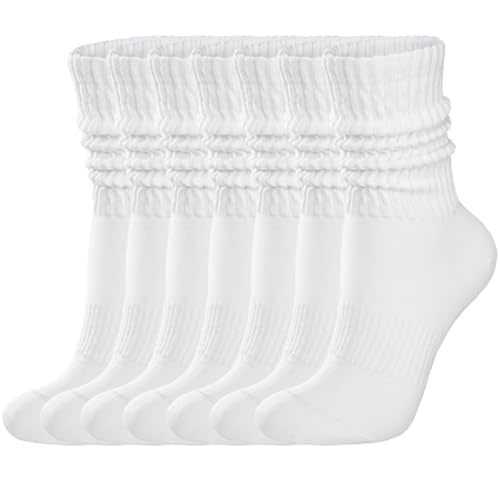 COZYOFFI Womens Crew Scrunch Socks: 6 Pack Vintage Solid Cotton Mid Calf Slouch Socks - Athletic for Gym & Fitness White