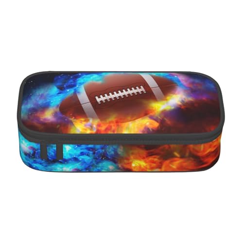 Image of Rugby American Football Pencil Case for Sports Boys Girls, Large Capacity Black Pen Bag with Water and Fire Pattern, Pencil Pouch with Zipper Compartments, Organizer for School Office Business