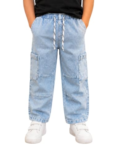 Image of DENRO Kids Boys 100% Cotton Denim Cargo Jeans | Straight Fit Mid-Rise Casual Pants | Elastic Waist Pull-On Jeans with Drawstring & 5 Pockets | Blue
