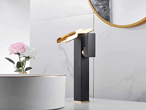 Led Bathroom Vessel Sink Faucet Black&Gold Waterfall Single Handle 1 Hole Matching Pop Up Drain Without Overflow Lavatory Vanity Basin Tap Deck Mount Farmhouse Bowl Sink Bath Faucets Combo Deck Mount #TOP6