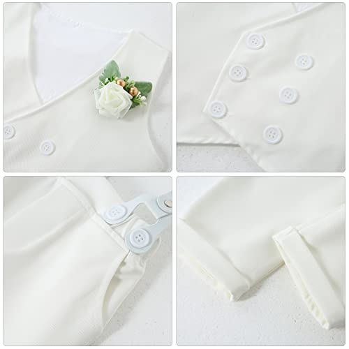 Image of YALLET Toddler Baby Boy Clothes Suit Gentleman Wedding Outfits, Formal Dress Shirt+Bowtie+Vest+Boutonniere+Suspender Pants