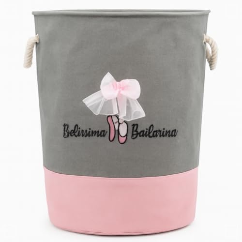 Cesto Organizador Infantil Dobrável de Roupas e Brinquedos para Menina, Rosa e Cinza, BELÍSSIMA BAILARINA, 44x35cm (Cinza e Rosa)
