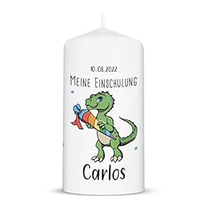 GRAVURZEILE Bedruckte Kleine Kerze – Einschulungskerze Dino – Personalisiert mit Name & Datum – brilliant bedruckte…
