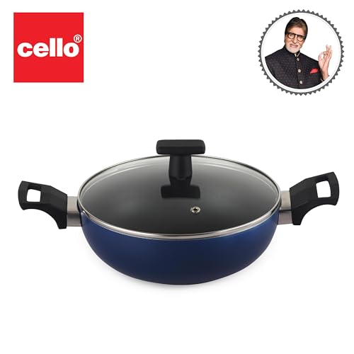 Image of CELLO Black Platina Triply Stainless Steel Deep Kadai /Kadhai with Lid 4.7 Litre (28cm Dia) | Stainless Steel Cookware | 5 Year Warranty | Induction & Gas Base | Heavy Base | Dark Blue